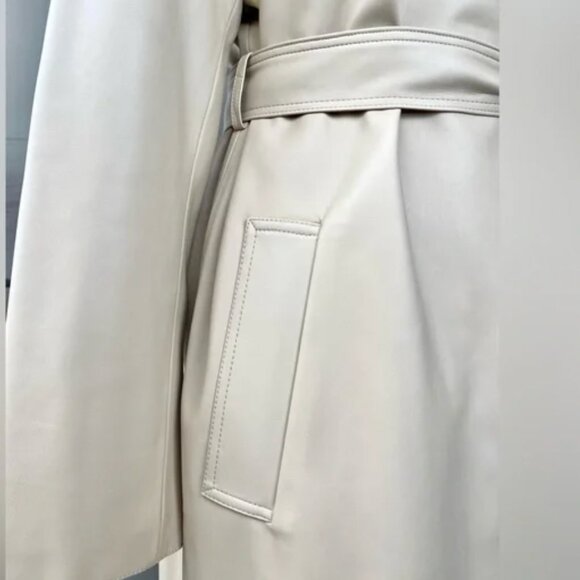 NEW! $90 ZARA Vegan Leather TRENCH COAT Midi Length Ivory Size XL 16 18 Lined - Picture 5 of 6